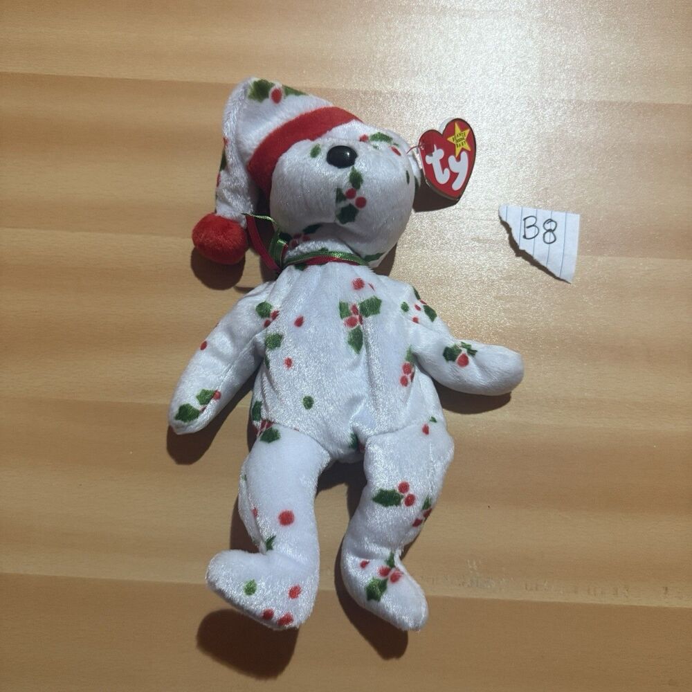 Vintage Ty Beanie Baby 1998 Holiday Teddy White Mistletoe Christmas Xmas Bear